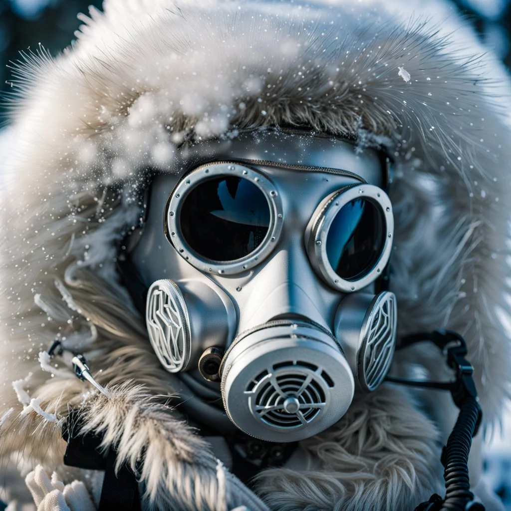 close up documentary photography, Yeti In a Respirator, Extreme depth of field, bokeh blur, winter, Alberta, all-natural, in the style of candid, imperfection, natural lighting, light-focused, amateur shot, shot on Agfa, taken with Hasselblad --ar 4:5 --w 150 --style raw