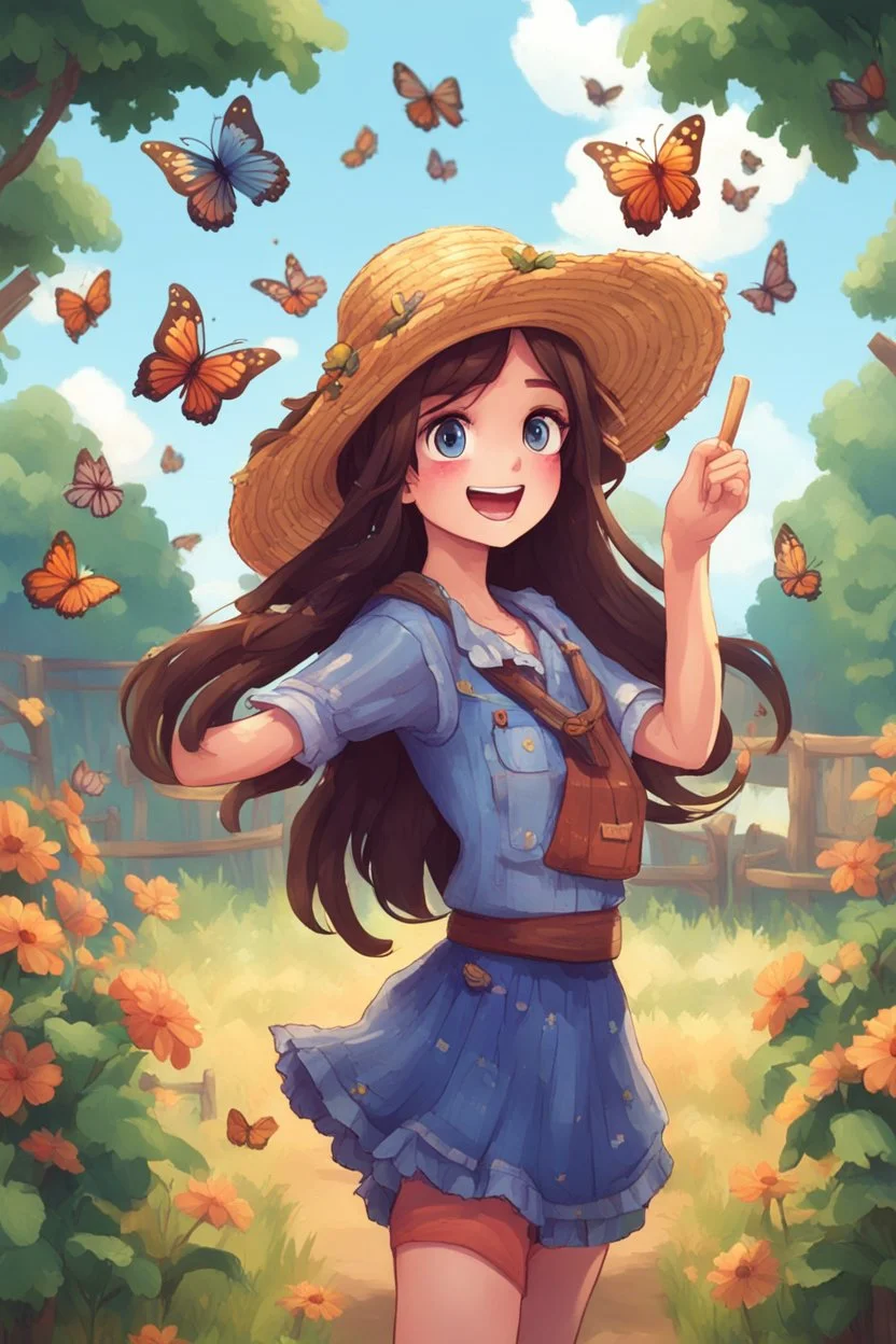 A girl with long dark brown hair, with a straw hat on her head, blue eyes, dressed in farm clothes dancing with butterflies, stardew, valley style