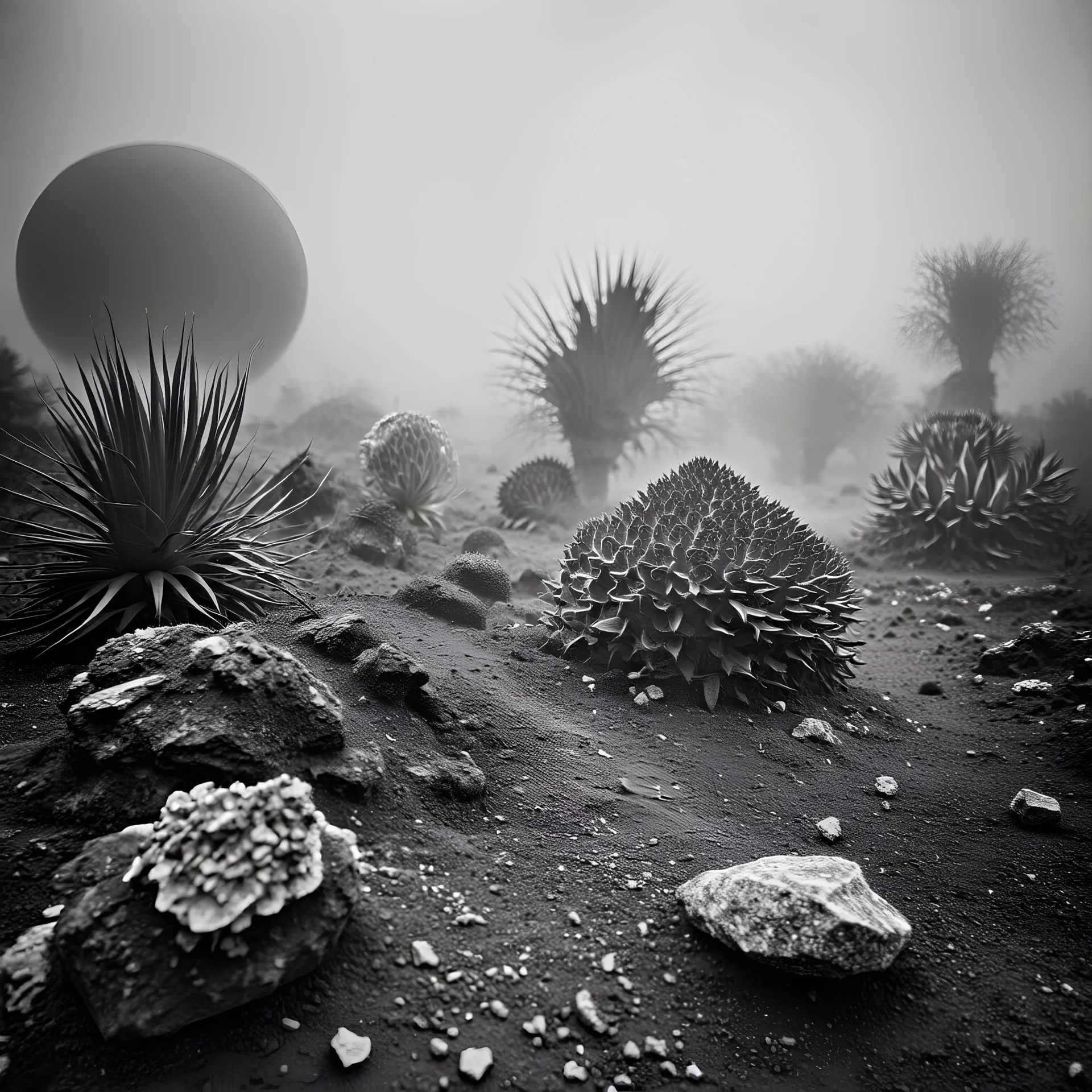 A striking quality Kodak photograph captures a wasteland with monsters and group of plants, creepy, details of the dust very accentuated, glossy organic mass, adorned with minerals and rocks. Bathed in intense light, eerie, Max Ernst style, black sun, fog