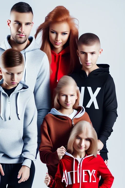 Posed shot of a beautiful european family with a mother with blonde hair dressed in workout clothes a father with brown hair dressed in sweatpants and a black zip up hoodie a young teenage boy with brown hair dressed in comfortable clothes a young woman with red hair and dressed like an egirl a young athletic boy with messy red hair dressed in popular clothes a messy looking 5 year old with red hair and a goofy smile a toddler with blonde hair dressed in pajamas