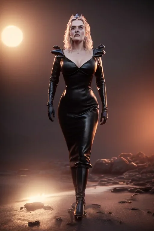 Kate Winslet as evil queen in black leather gown, cleavage, angry, stern look unreal 5, octane render,cinema4d, dynamic lighting, dramatic lighting, 4k, redshift render, highly detailed, hyper realistic