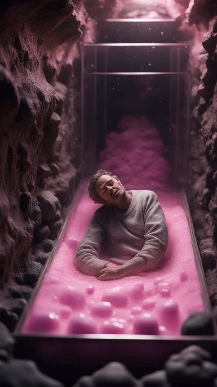 full body portrait of soap star sleeping inside a full size glass casket sarcophagus filled with calm transparent pinkish embalming liquid inside coal mine shaft,bokeh like f/0.8, tilt-shift lens 8k, high detail, smooth render, down-light, unreal engine, prize winning