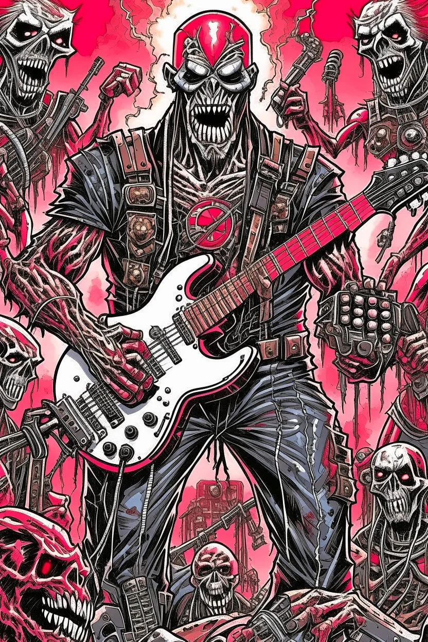 A hard rock band made up of Terminators plays a song in front of the devil, who is holding his ears because it's too loud.