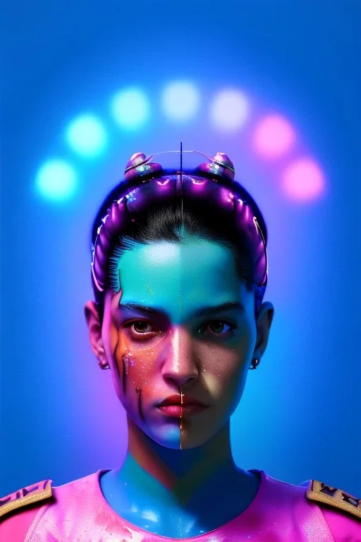 Ultra Realistic image, Rosalía artist, waist up portrait, black eye line, sweet angry face, spray line make up, geometric, rings piercing, led ornament, bubble latex coat, cold, led lights, pop style, pink, blue, gold, vibrant color, highly detailed, art stations, concept art, smooth, unreal engine 5, god rays, ray tracing, RTX, lumen lighting, ultra detail, volumetric lighting, 3d, finely drawn, high definition, high resolution.