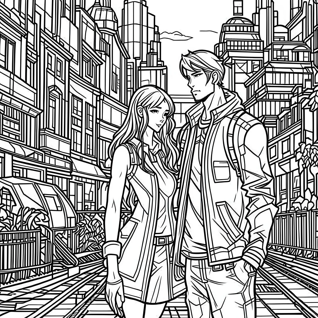 Cyberpunk style, coloring book page, cartoon modern style, couple love in city, whole couple view