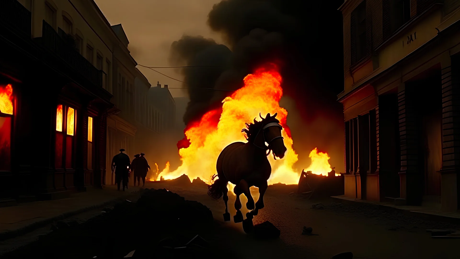 a horse on fire, running down a victorian street, war scene, Apocalyptic, photo-realistic, widescreen, cinematic, corpses are slumped over burning rubble either side of the road