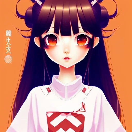 Japanese girl with big brown eyes and long black hair with bangs, cute, beautiful, kawaii, anime, cartoon