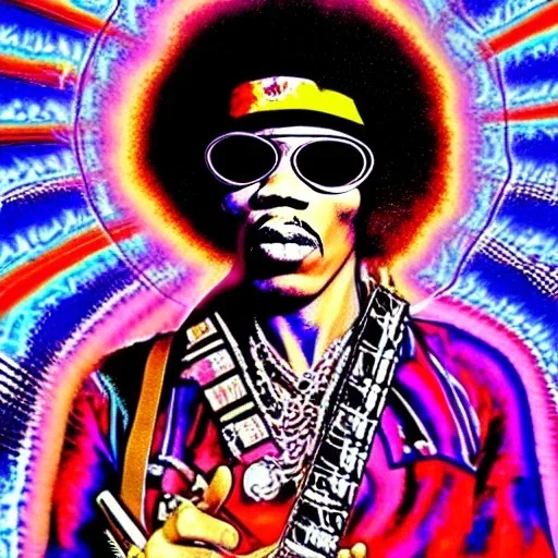 a realistic picture of Jimi Hendrix at a turntable with headphones on being a DJ, vivid color, with sunglasses, psychedelic trippy art