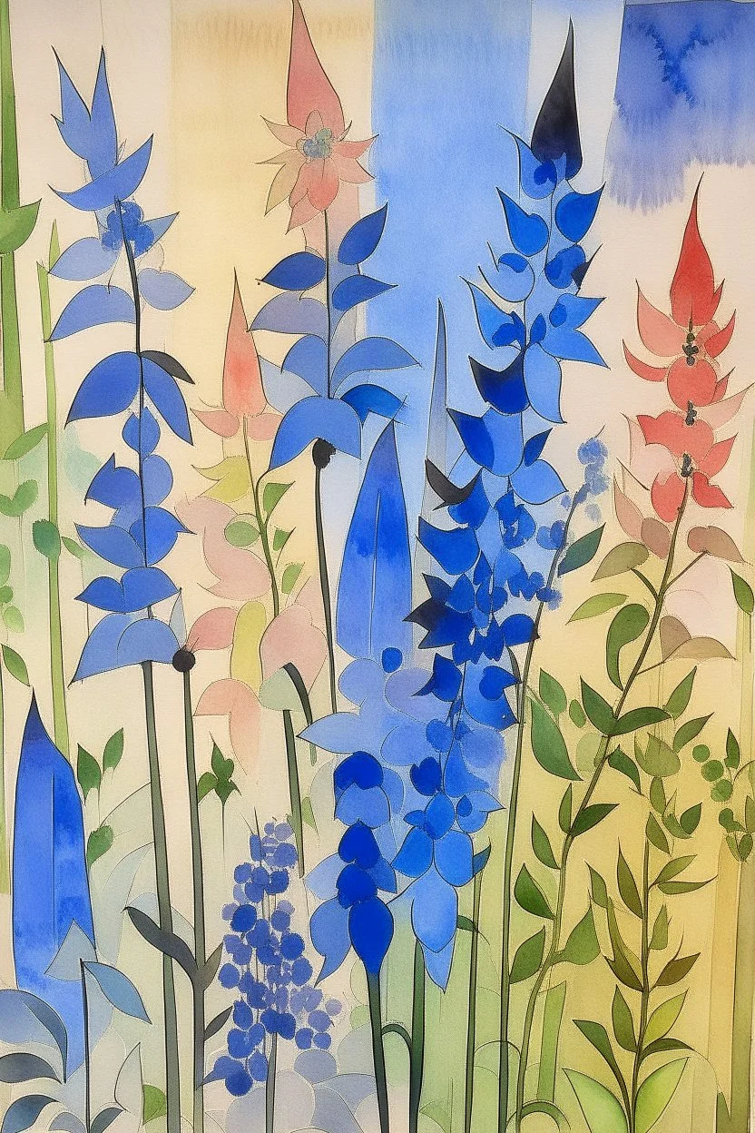 Watercolour of delphiniums in the style of Paul Klee
