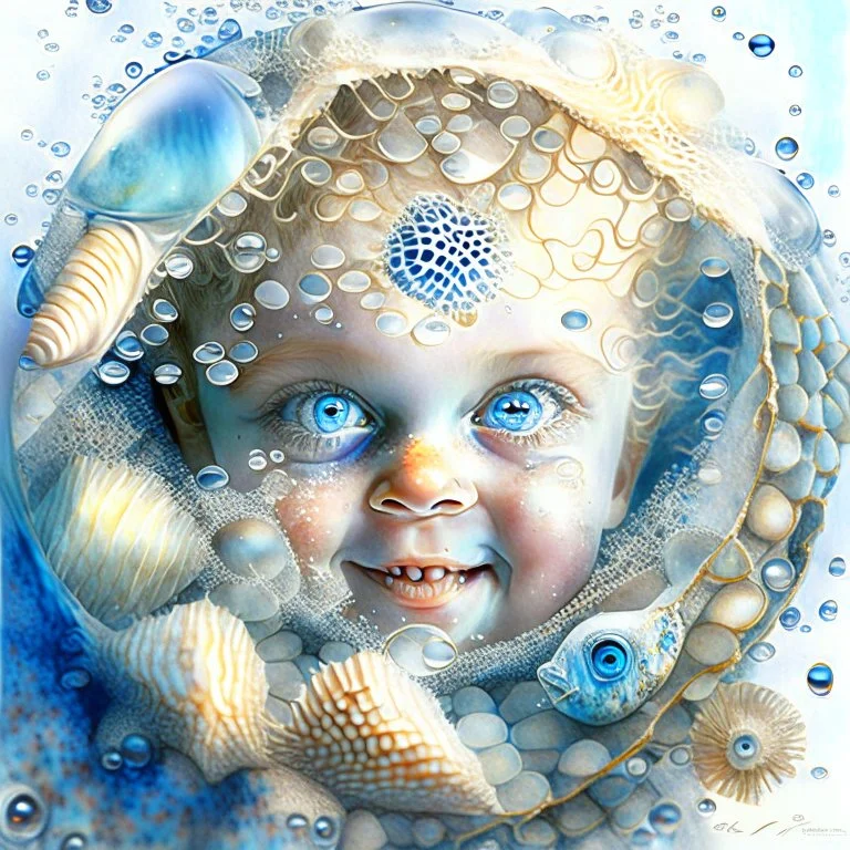 Beautiful happy seashell child with intense blue eyes, fish scales, fantasy, portrait, seafruits, starfish, shells, net, bubbles,.Jean-Baptiste Monge style, 3D, optical illusion, surreal, a masterpiece, razor-sharp focus, dynamic lighting, watercolour and ink no text, no watermark Modifiers: Award winning photography 8k oil on canvas photorealistic beautiful high detail dynamic lighting fantastic view close up colourful hdr very cute cinematic postprocessing Alphonse Mucha focused watercolor al