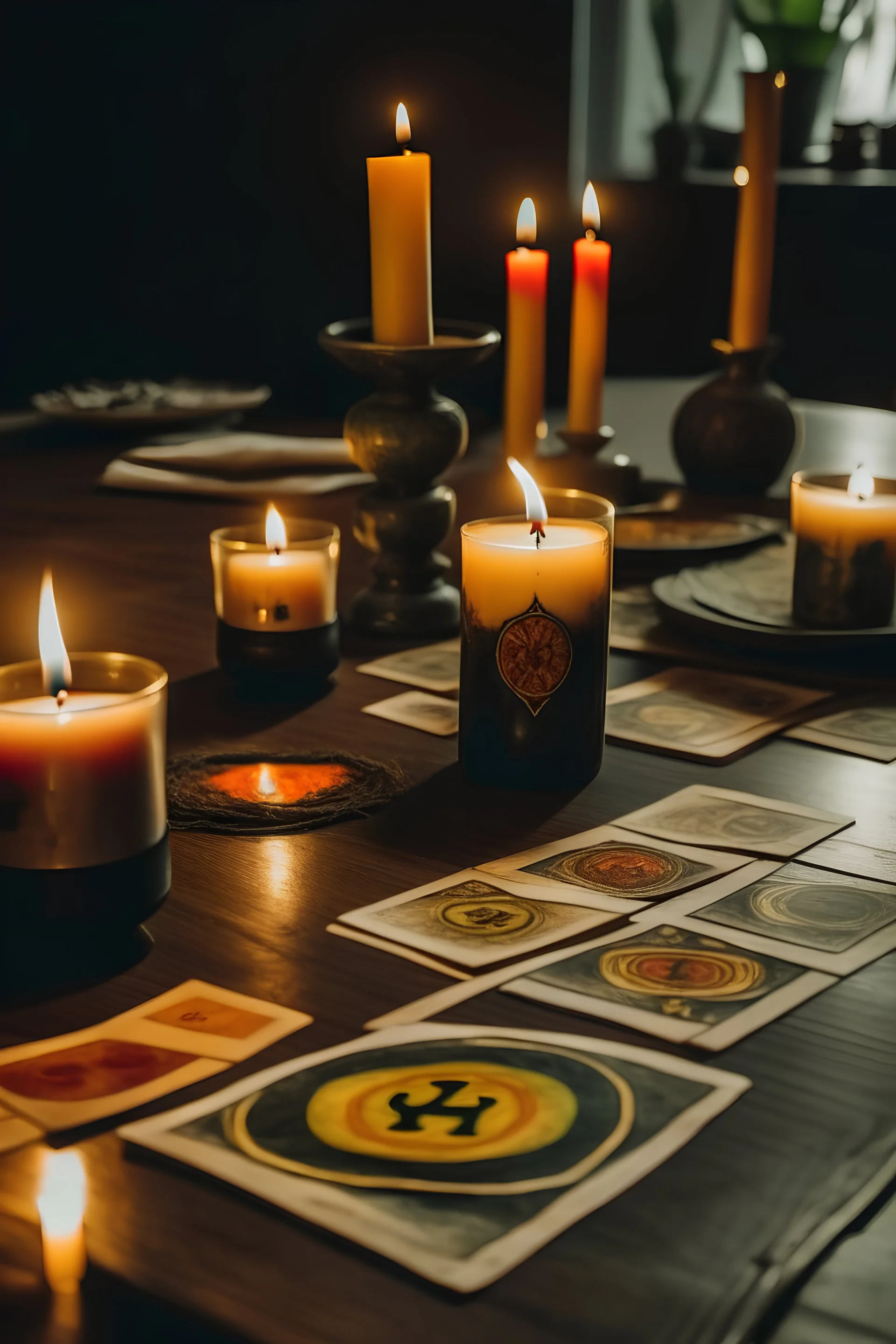 Tarot card candles on the table