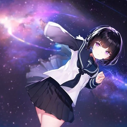 Clear focus,High resolution, Black short fluffy hair, and purple eyes, wearing a sailor uniform, must wear a short skirt,mad pose, in space, magical