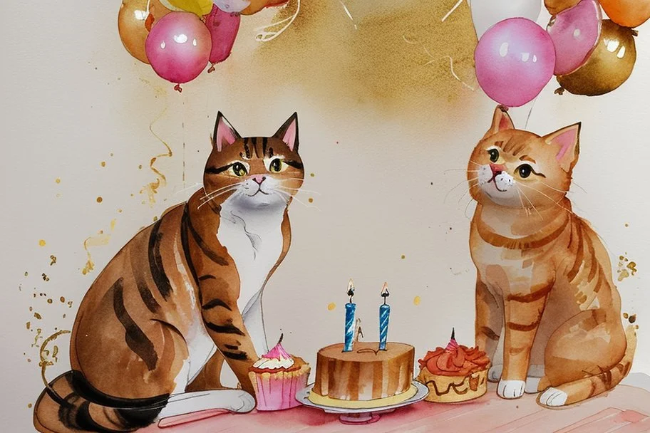 beautiful composition, cat birthday party with cake, watercolor and ink, golden glitters in ochre in sunshine