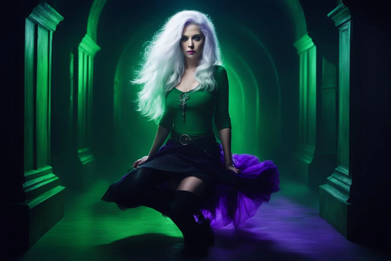 [art photo by Aktonymus] In the dimly lit chamber, her alluring silhouette captivated with violet boots and white hair framing her in romantic Scandinavian charm. Clad in a green t-shirt, she exuded a mysterious allure, embodying the essence of the Cthulhu mythos as a dark sorceress from the ocean depths. Her gaze, with huge, adorable eyes, hinted at ancient whispers and untold powers that stirred the imagination of all who beheld her.