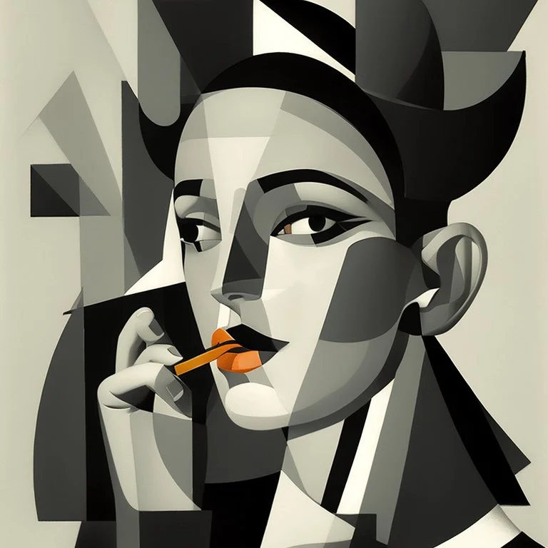 a black and white photo of a woman with a cigarette, a cubist painting by Alexander Archipenko, cgsociety, cubism, cubism, angular, picasso