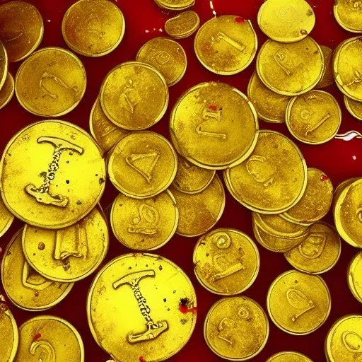 massive number of gold coins blood splatter