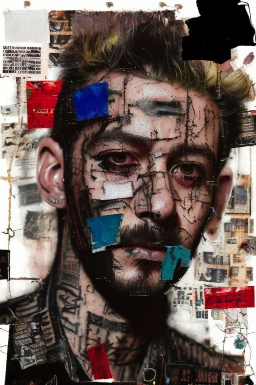 Ultra detailed medium portrait painting of a man, sitting on chair, jail clothes, tattoos, rough look mascara are smeared from crying, chaos dark background,torn up collage of photo clippings, broken circuitry background, matrix effects, punk visual art, punk art aesthetic, graffiti art, pop surrealism, collage art, cluttered paint glitches