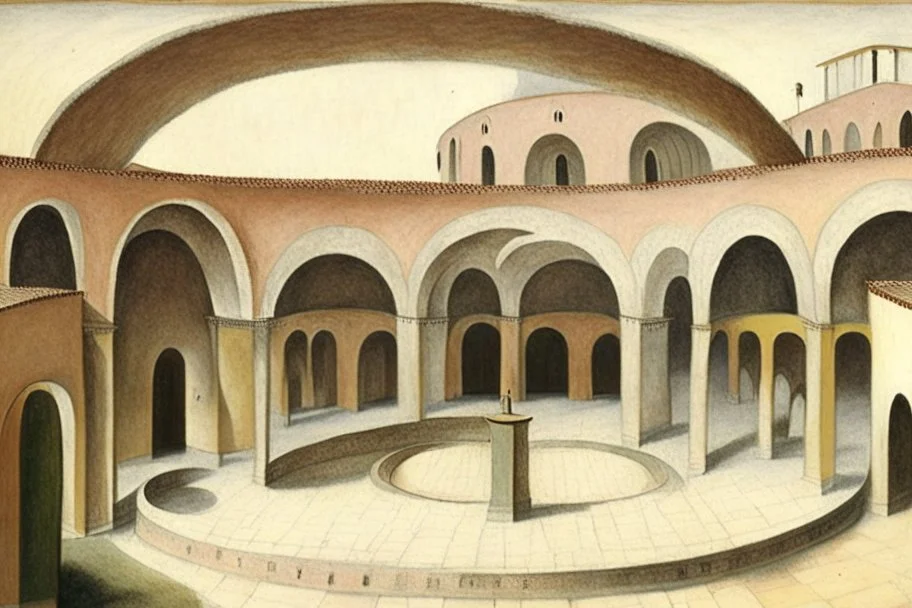 a round plaza, a Roman arcade with arches curved around it, by artist "Leonora Carrington"