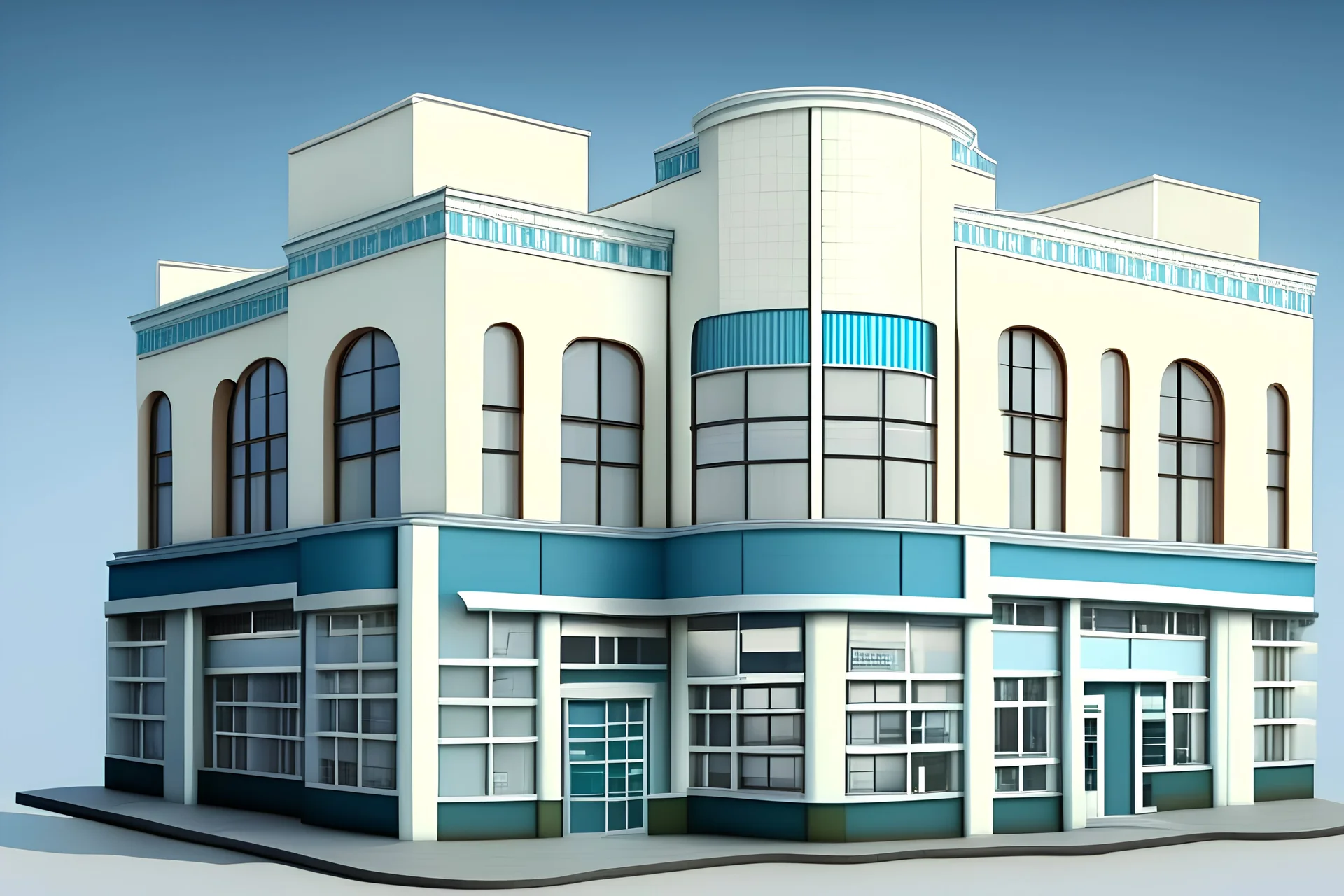 two floor commercial building in the style of a pharmacy, building length 50 meters