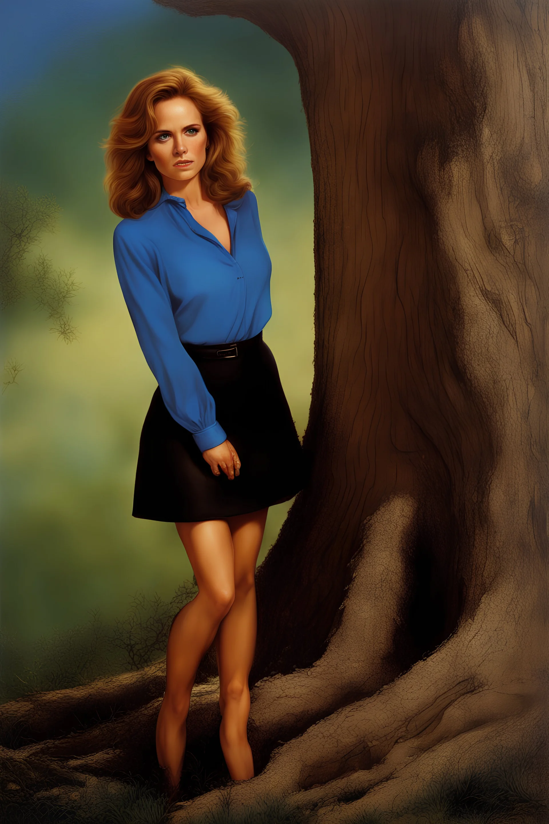 3D Portrait of Lea Thompson, long-sleeved blue blouse, black miniskirt, leaning forward against a tree, perfect body, perfect face, perfect eyes, dark hair, glamorous, gorgeous, delicate, romantic, realistic, romanticism, blue tones, Boris Vallejo - daylight Background - blue skies, sunlight - dark, wood panel wall in the background - fire, fog, mist, smoke