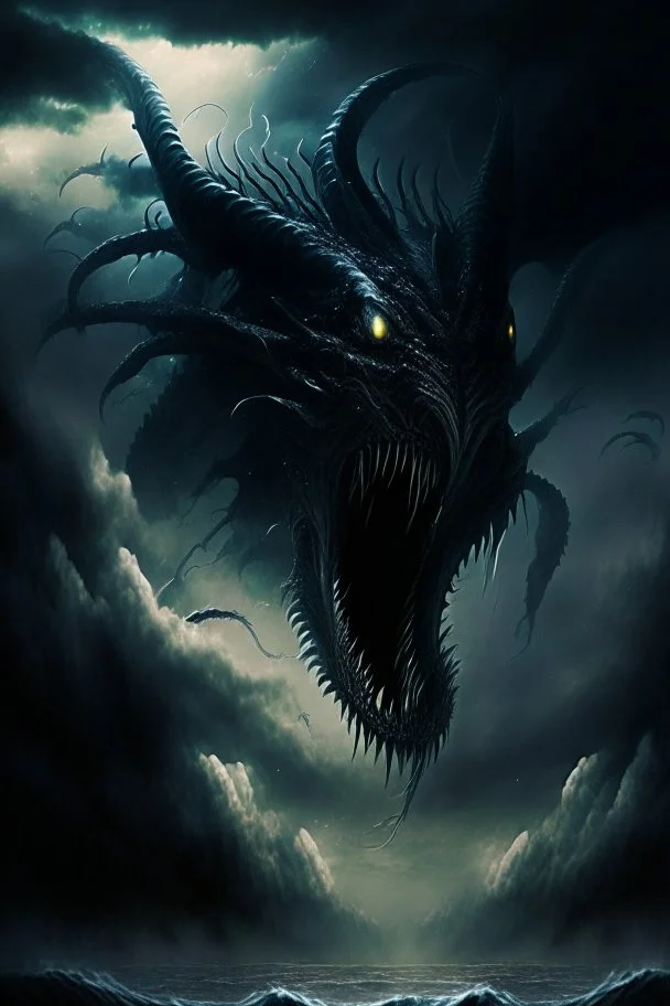 leviathan demon huge long abyssal dark seprent monster beast sky