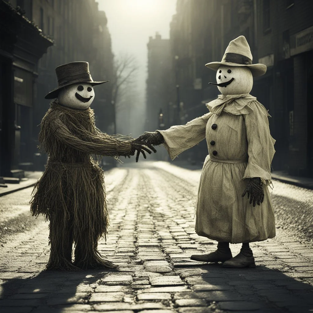 sinister weirdcore, Snowman vs Scarecrow, Snowman shaking hands with a scarecrow in middle of city street in the summer, by leszek Bujnowski and Alex Majoli, mind-bending hyperrealism, weirdcore, something strange about to happen, sunny day natural lighting