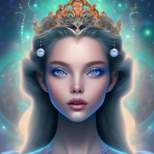 cosmic petit prince belle fine, profil de trois quart, grand front cosmique, peau cristalline, yeux bleu, perle sur le front , cristaux sur le corps, collier de grande princesse, , très jolie sourire, ambiaqnce galactique, fleurs