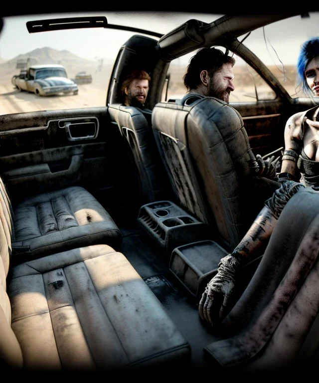 Ultra realistic back seat of limousine image, wide angle view, homeless men and woman, mad max style, grunge clothing, hair, smoke, smile, happy, extreme, soft color, highly detailed, unreal engine 5, ray tracing, RTX, lumen lighting, ultra detail, volumetric lighting, 3d, finely drawn, high definition, high resolution.