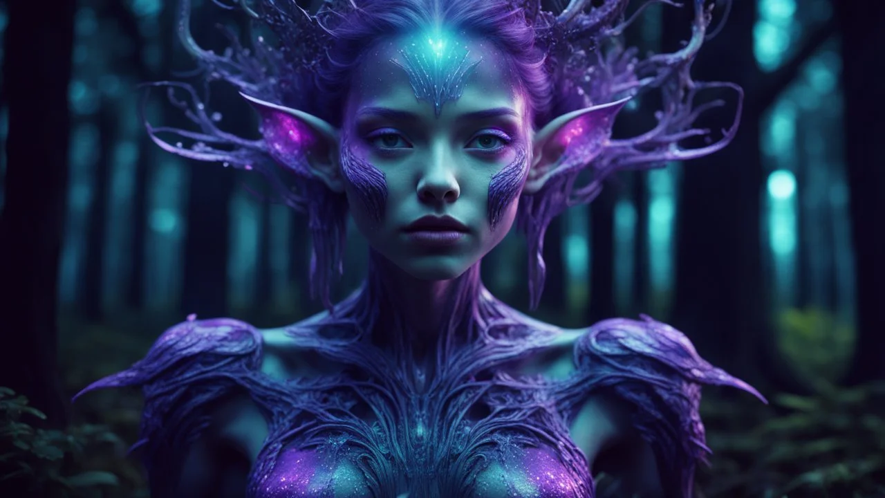 holographic glitch imitation, alien xenobiotic girl with beautiful purple body against dark night forest, split toning effect, subsurface gaussian scattering, dark fantasy, dark botany, photorealistic image, super detail, artistic elven fantasy, filigree, dark botany, ultra detail, dark botany, photorealistic image