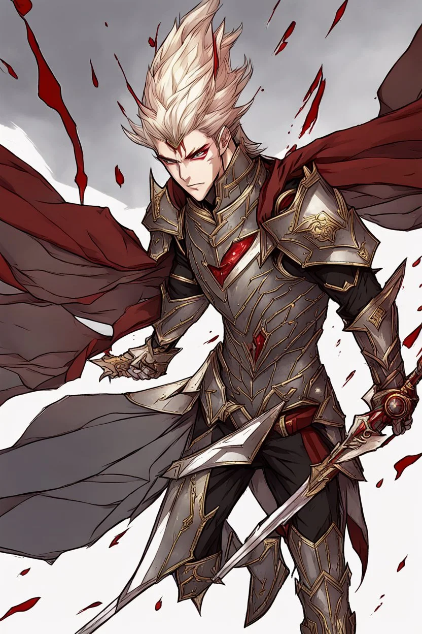 Armored Male Blood Knight Elf by manhwa or korean webtoon style there are lightning and blood spurts around the man, his face pointed at the camera, and with a serious look he lets his opponent know that it's his turn