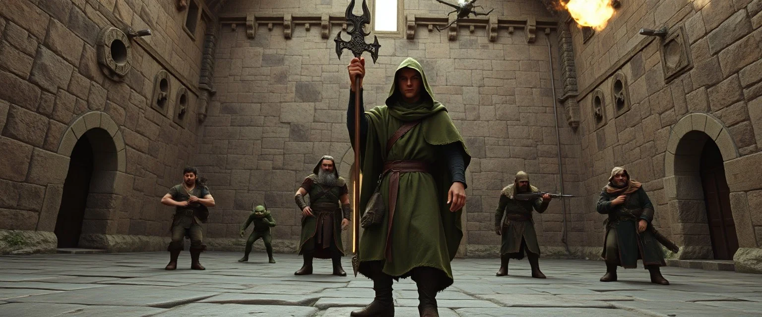 integrated_multimodal_description: [Shot 6] An eight-second cinematic fantasy scene in an ancient stone courtyard of a Forgotten Realms castle, late afternoon. Begin with a low wide establishing shot moving slowly forward toward a young wizard in a weathered green cloak and his adventuring companions, a rugged barbarian and cautious ranger. Two goblins approach in the background. The camera gently arcs around the wizard as he raises his staff and confidently begins a summoning spell. Cut to a ti
