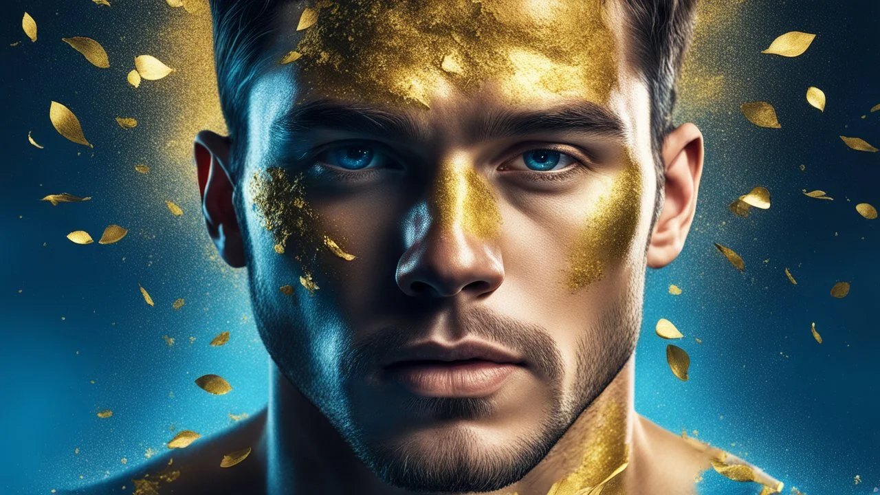 Surreal Portrait of Brutal European Male Athlete, Calm background in muted gradient, volumetric lighting, Leaf Gold, Gold fragments, Glitter, glare, glow, serene and mysterious aura, Surrealism, Impasto, textured, shades of Blue, Yellow, 3D, 8K, best quality, fine rendering, high detail, hyperrealism, high resolution, high definition, multi-layered, hyperfocus, abstract vector fractal, wave function, Zentangle, 3D shading,