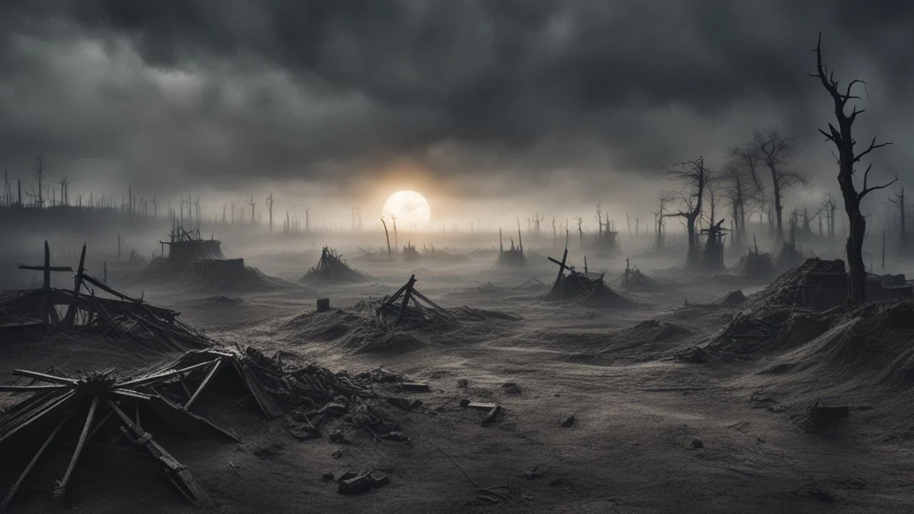 a flat apocalyptic nuklear landscape covered in dark gray dust. ancient battle field. broken skeletons everywhere. dead sun. dark grey fog. seen from the ground. fantasy, horror. no trees