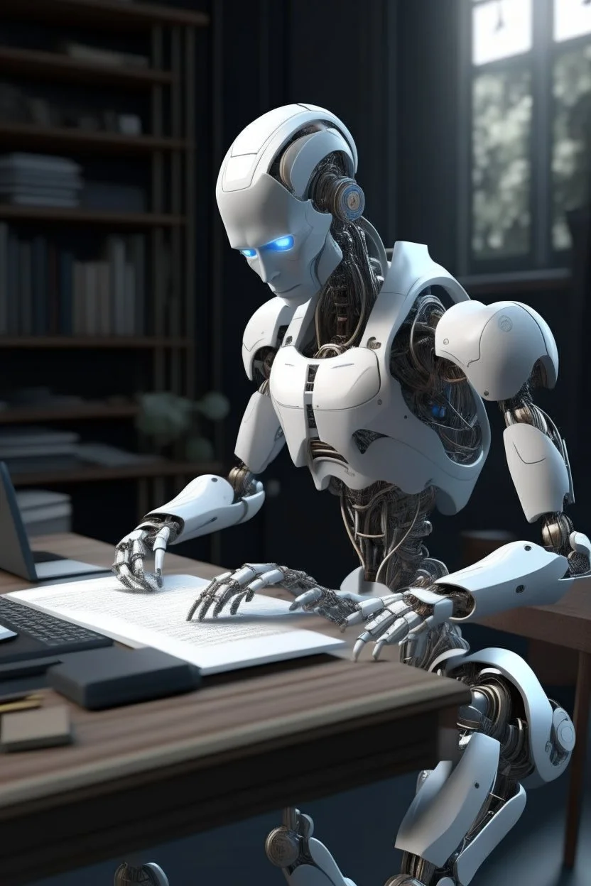 generate a front cover representation of Ai photo realistic attractive full body humanoid bot writing a book at a desk