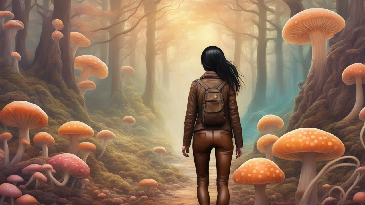 woman with black hair in a ponytail, in light brown leather trousers and jacket, walking through a forest of colourful Alien mushrooms with jellyfish tentacles, photorealistic, Intricate Detail