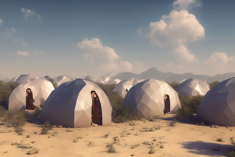 Can you please come up with a design concept for a refugee camp that houses displaces Palestinians that is Meaningful, Not basic, self sufficient and takes into consideration Palestinians culture and religious beliefs in the dessert