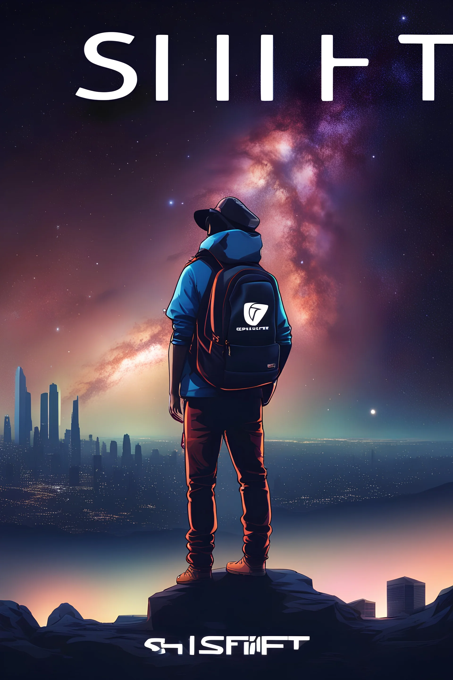 Supernova overlooking a city in the Milky Way galaxy with a person wearing a hat and a backpack with the Shift logo on it