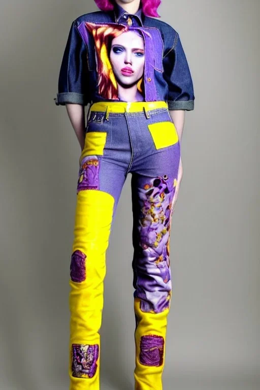 Photo of Scarlett Johansson. Huge printed on denim!!!! :terracotta, cream and purple, lilac and Cream latex parts are bagging. imperial yellow, red plum. Baggy jeans! plant print.European daft punk woman. Baggy jeans! Mantle is sewed of recycled Denim and sewed together of recycled polymer felt. lace, Yellow(Munsell) areas. hint of orange as effect color!!Big bright purple/khaki felt tippet and cream or blue or lilac colored-hood. mantle is merged with satchel, cobalt blue.