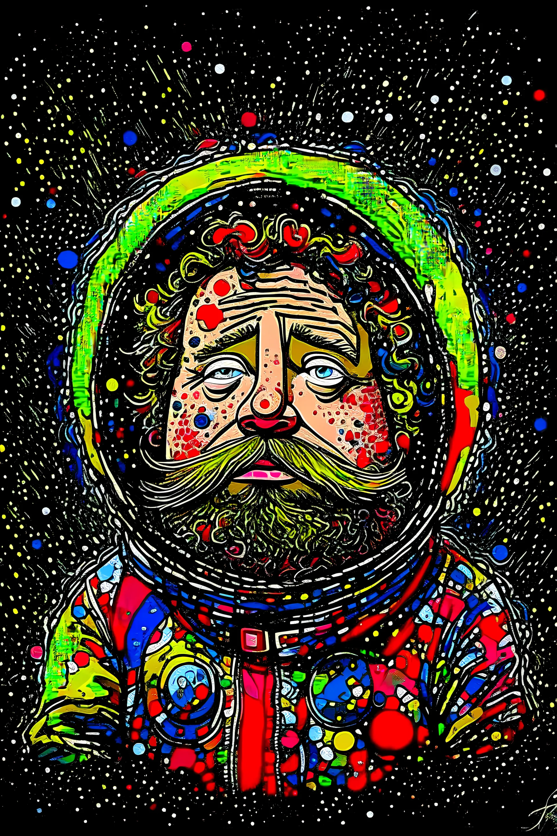 cartoon, portrait, style astronaut style Willem van Gogh style Takashi Murakami,photo realistic,lumen reflections,ray tracing,Cinematic Lighting, Studio Lighting, Soft Lighting, Volumetric, Dolby Vision, OpenGL, Dynamic pose, Cinematography by Banksy x Romero Britto, graffiti