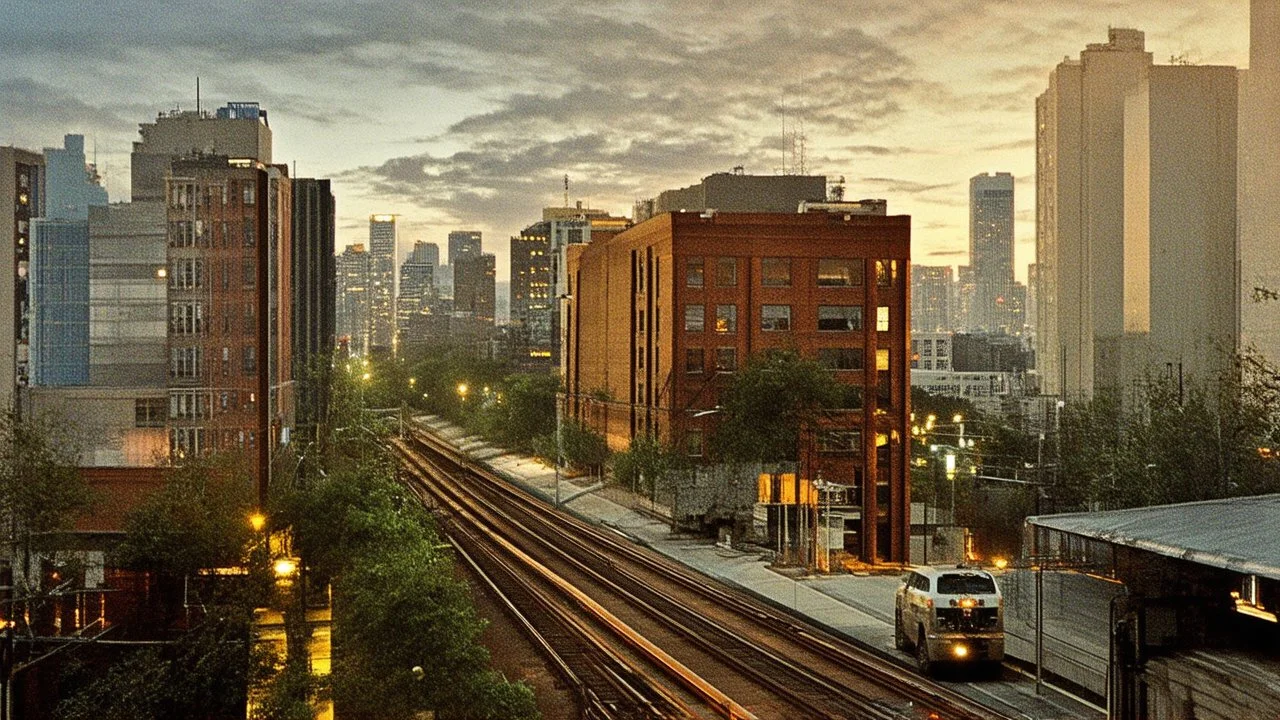 A cityscape at night with a train track running through the center, surrounded by tall buildings and a cloudy, dramatic sky