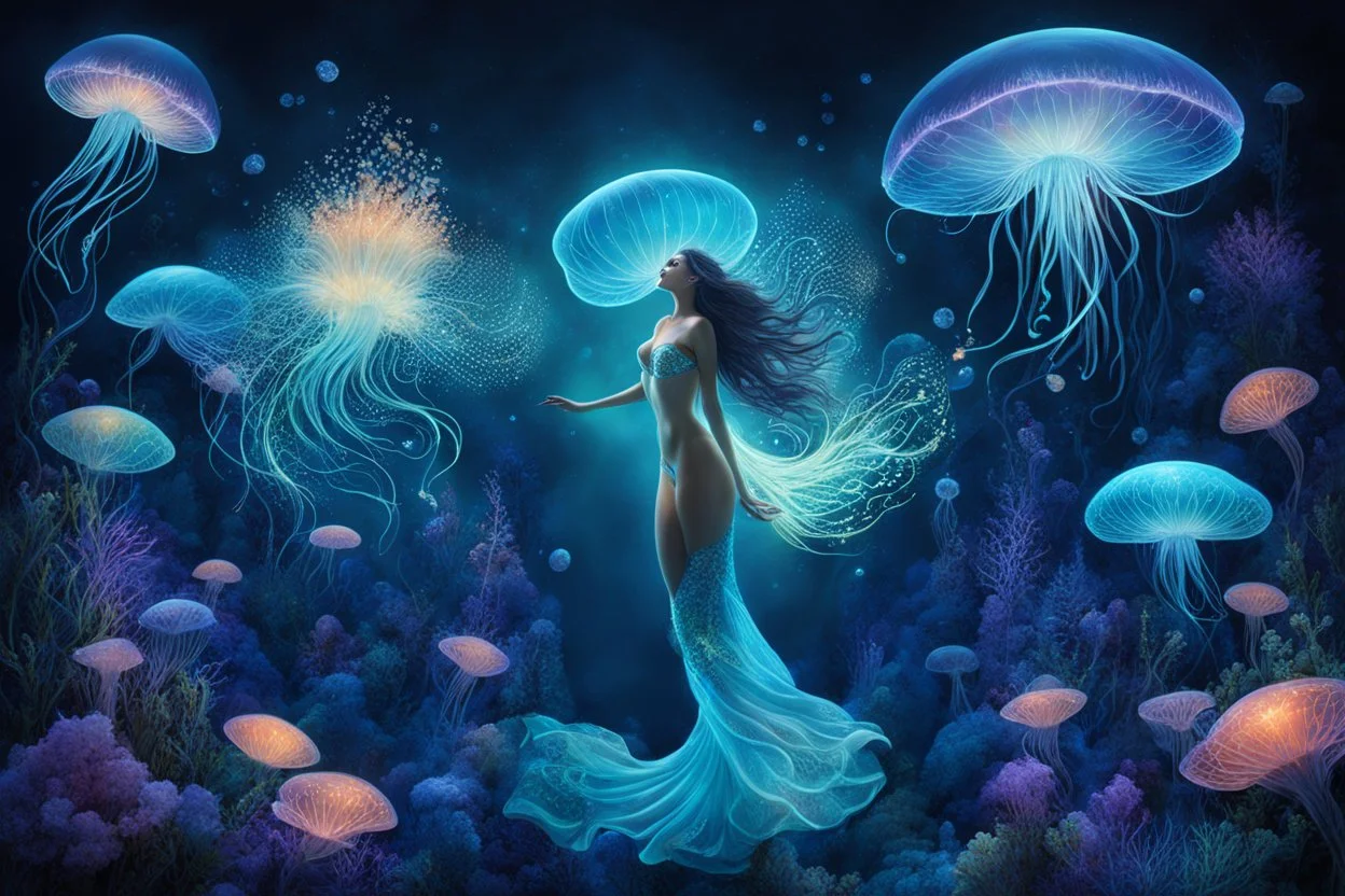 underwater swimming one bioluminescence skin sea fairy mermaid woman each together one giant bioluminescence jellyfish , around fantasy nature, with neon bioluminescence flowers, sea bubles, neon sea plants, etheral, dark blue background ethereal fantasy hyperdetailed , stunning