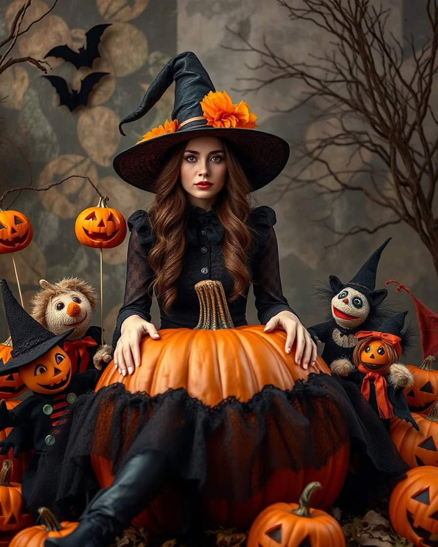 Beautiful woman brown hair in unique custom fashion witch style Happy Halloween,sitting biggest pumpkin Halloween ,sorrounded by puppets Halloween