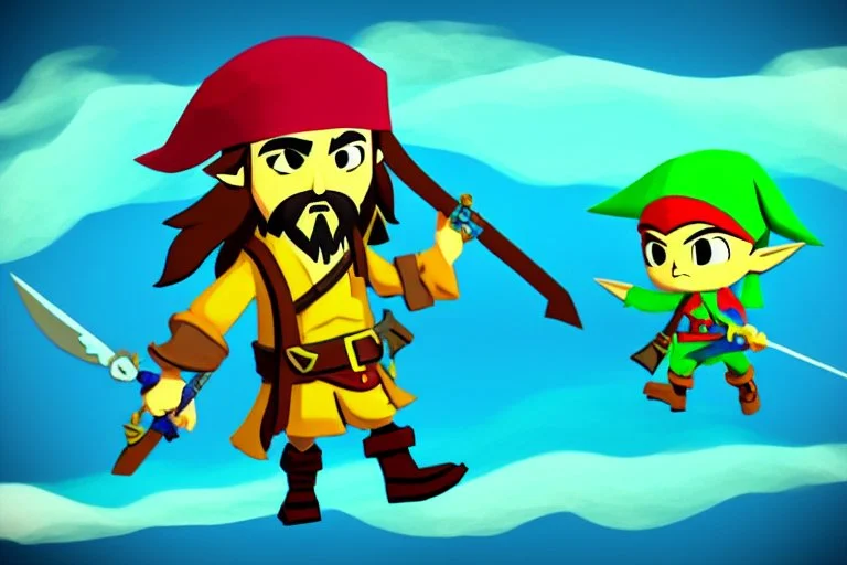 Cartoony Captain Jack Sparrow sailing on the vast blue ocean, Legend Of Zelda: Wind Waker style, stylized, colorful, adventurous.