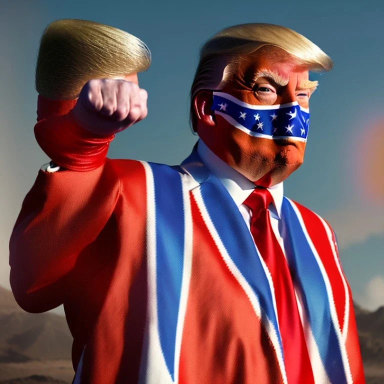 realistic image of donald trump as a mexican wrestling fighter posing outdoors, Mexican eyes wrestling mask, red and blue breeches, confederate flag cape, retro style, 80s, vibrant color, highly detailed, sky background, concept art, unreal engine 5, god rays, ray tracing, RTX, lumen lighting, ultra detail, volumetric lighting, 3d, finely drawn, high definition, high resolution.