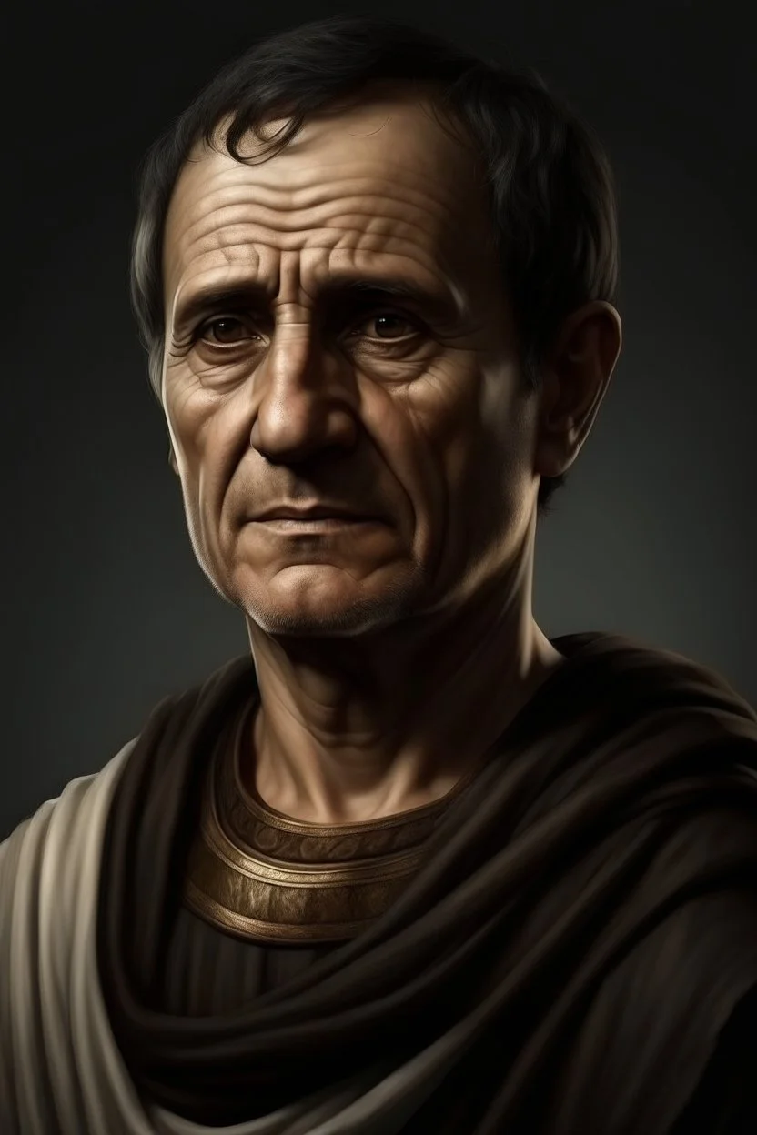 uomo di mezza età, naturalmente capelli scuri e carnagione chiara, magari se proprio vuoi dargli un segno particolare una piccola escrescenza vicino all'occhio tipo Cicerone (Se si vedono le mani il nell'anello senatoriale) vestito con abiti della roma antica