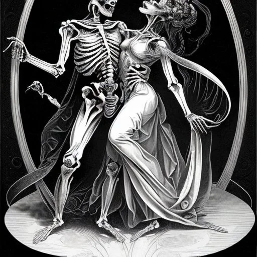 Memento mori with a tired looking 3/4 length skeleton standing behind and embracing in a dance like swirl a fainting young maiden, looks like a deep metal engraving, macabre gothic romantic art by Henry Fuseli, by Virgil Findlay, dynamic posture, macabre romance, couple is surrounded by botanical flower motifs, rich colors.