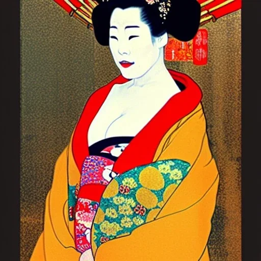 Retrato de cuerpo entero una Geisha Bella voluptuosa con kimono con el estilo de Gustav Klimt