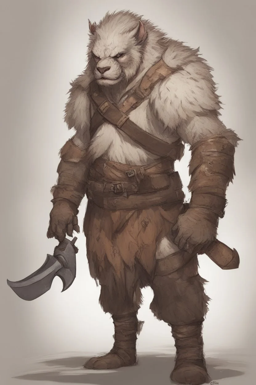 Dnd a young bugbear with WHITE fur and leather armor, tusks