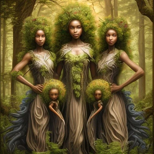 Painting .three women. A mother. Two daughter. Twins. A mother with her children the faces of three young black women. wood nymphs emerging from the forest. Her hair looks like vines. Dreadlocs. Her skin is the colour of dark soil. Her skin looks like tree bark. Her clothing is made of vines, grass and leaves.