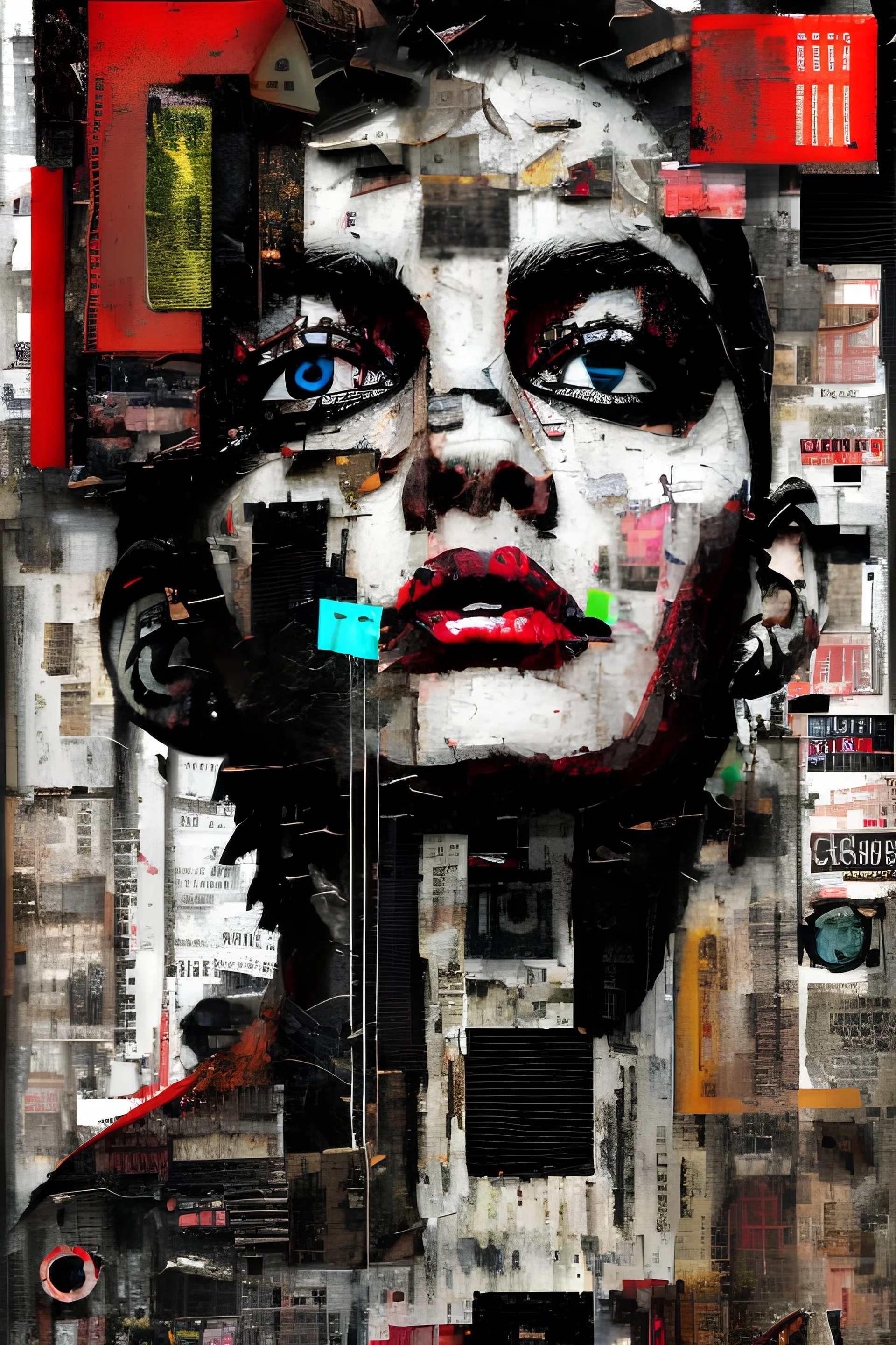 Ultra detailed medium portrait painting of "no exit sign" torn up collage of clippings, broken circuitry background, matrix effects, punk visual art, punk art aesthetic, graffiti art, pop surrealism, collage art, cluttered paint glitches